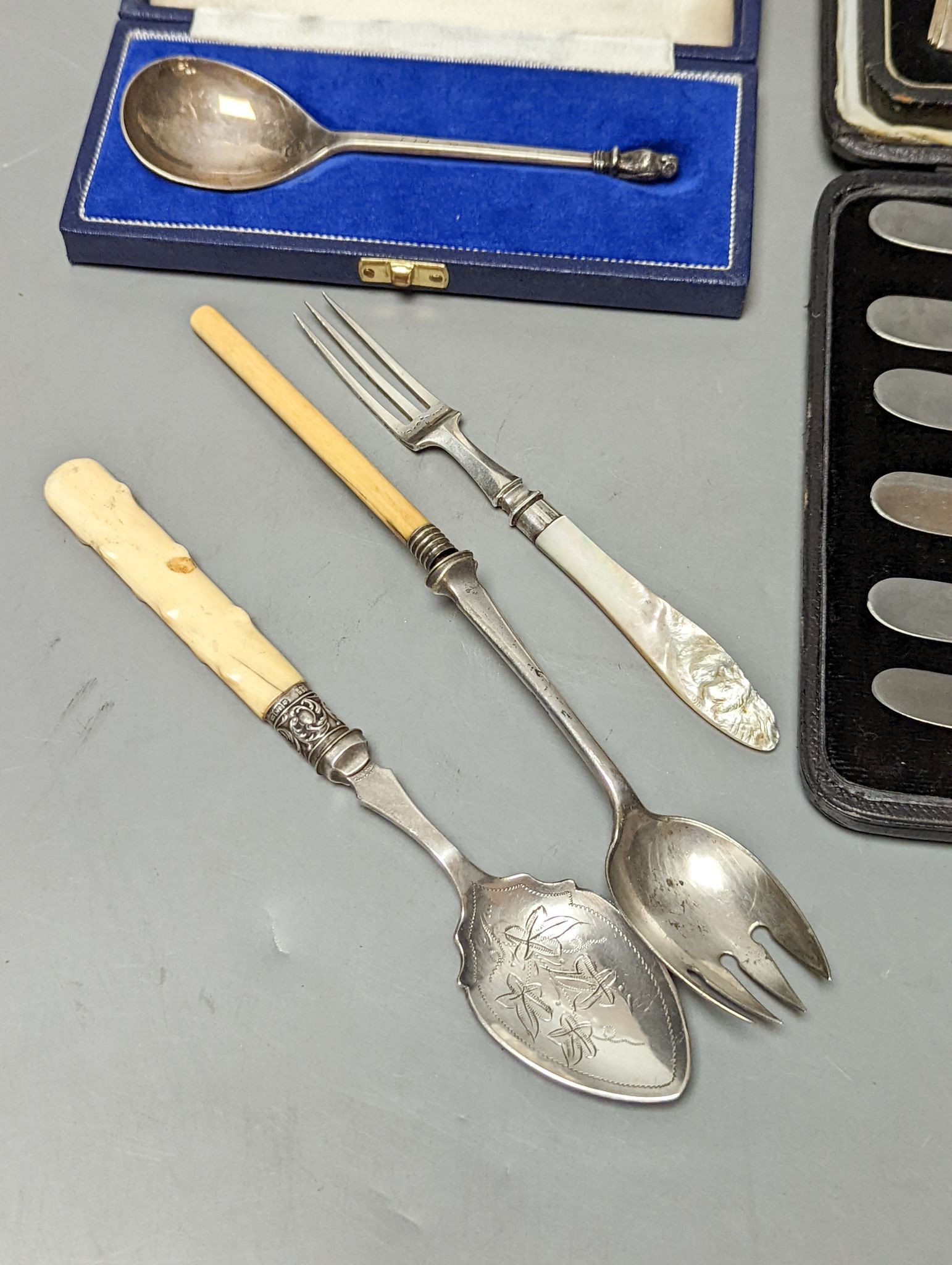 Sundry cased sets etc. including silver replica spoon, cake forks, tea knives, plated wares.